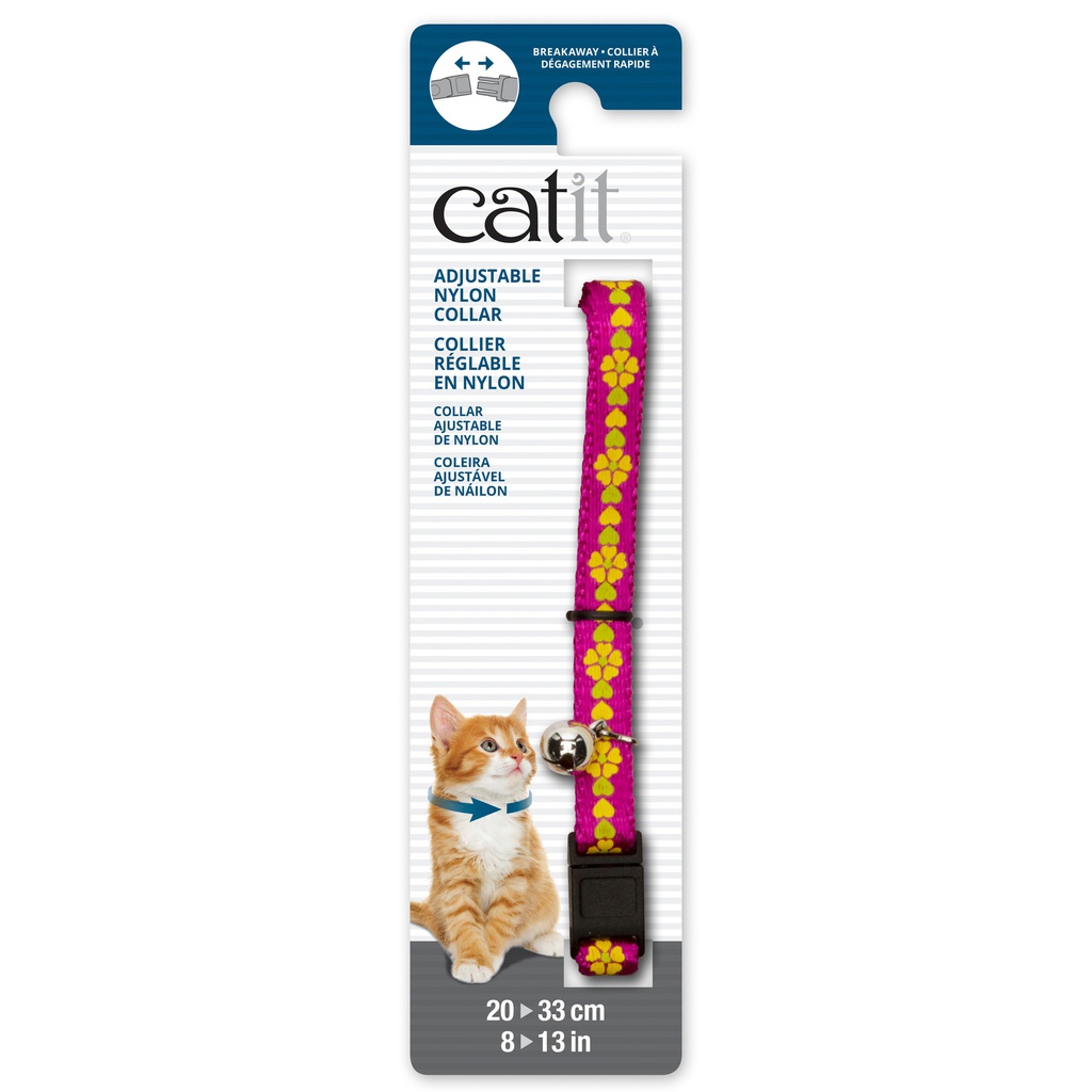 COLLAR GATO NYLON AJUSTABLE CASCABEL 3/8&quot;X8-13&quot; ROSADO C/FLORES