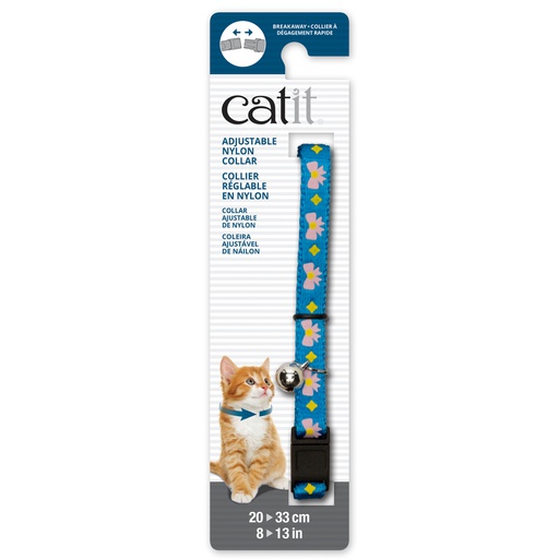 [55186] COLLAR GATO NYLON AJUSTABLE CASCABEL 3/8&quot;X8-13&quot; AZUL C/LAZOS AMARILLOS