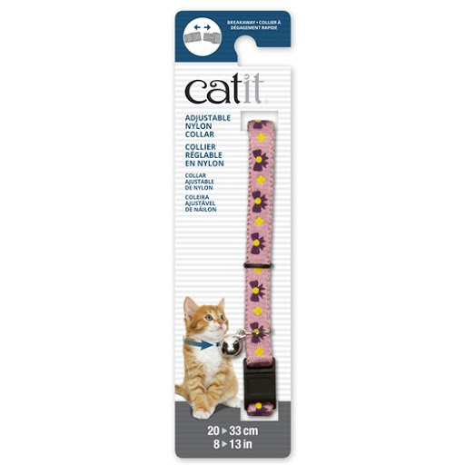 [55185] COLLAR GATO NYLON AJUSTABLE CASCABEL 3/8&quot;X8-13&quot; ROSADO C/LAZOS MORADOS