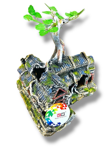 [U-838] ADORNO ACUARIO RESINA TEMPLO CON ARBOL 9&quot;